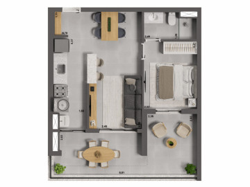 Sendo 11,09m² de varanda ampliada descoberta no 1º pavimento, 1 suíte, cozinha americana e varanda ampliada descoberta