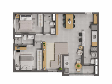 2 dormitrios (sendo 1 sute), sala de tv, cozinha americana e varanda gourmet (possibilidade de com ou sem bancada)
