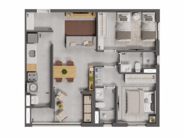 2 dormitrios (sendo 1 sute), integrao entre sala de jantar e varanda gourmet (possibilidade de com ou sem bancada)